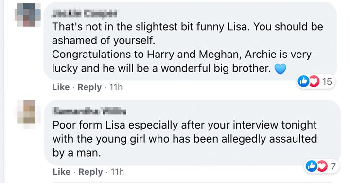 Facebook comments responding to news.com.au’s link to an article about Wilkinson's joke.