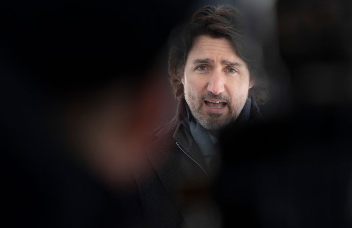 Prime Minister Justin Trudeau delivers opening remarks before taking questions from the media outside Rideau Cottage Ottawa on Feb. 9, 2021.