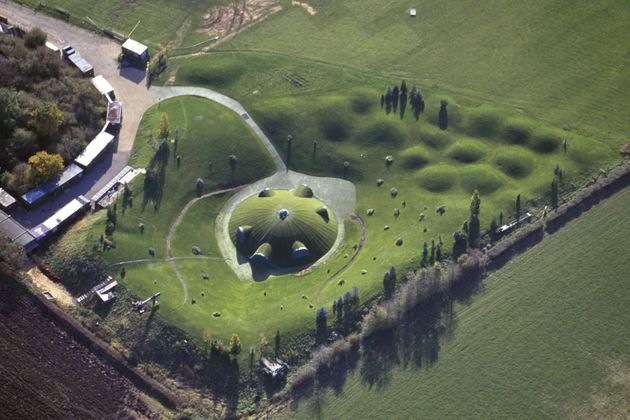 An aerial view of the Teletubbyland set, Warwickshire, England, during its filming from 1997 until 2001