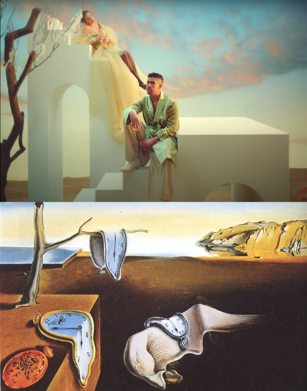 Imagen del videoclip de 'La noche de anoche' y el cuadro 'La persistencia de la memoria' de Salvador Dalí.