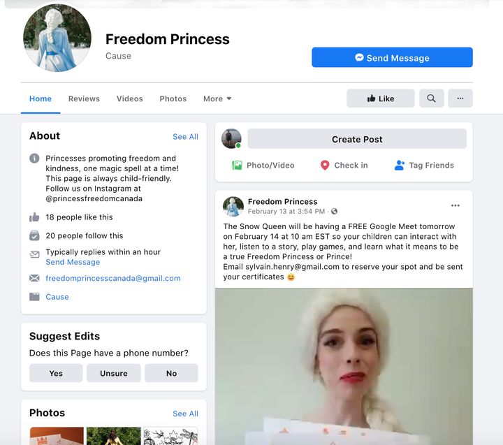 Une capture d'écran de la page Facebook Freedom Princess Canada supprimée depuis.
