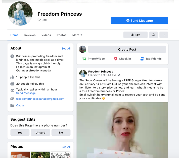 Une capture d'écran de la page Facebook Freedom Princess Canada supprimée depuis.