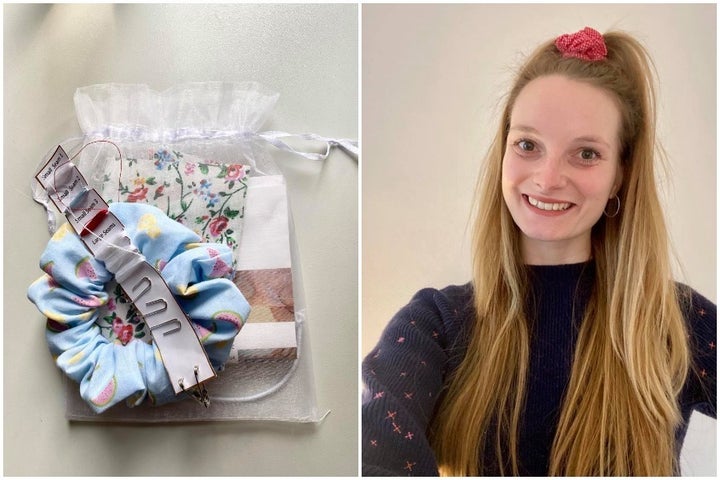 The scrunchie kit (left) and Rachel wearing it (right)