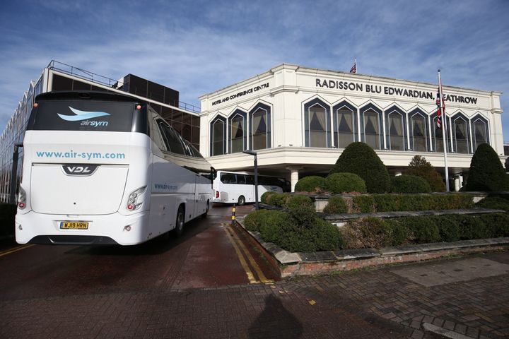 A coach carrying passengers arrives at the Radisson Blu Edwardian Hotel, near Heathrow Airport, London, one of the new government managed quarantine facilities.