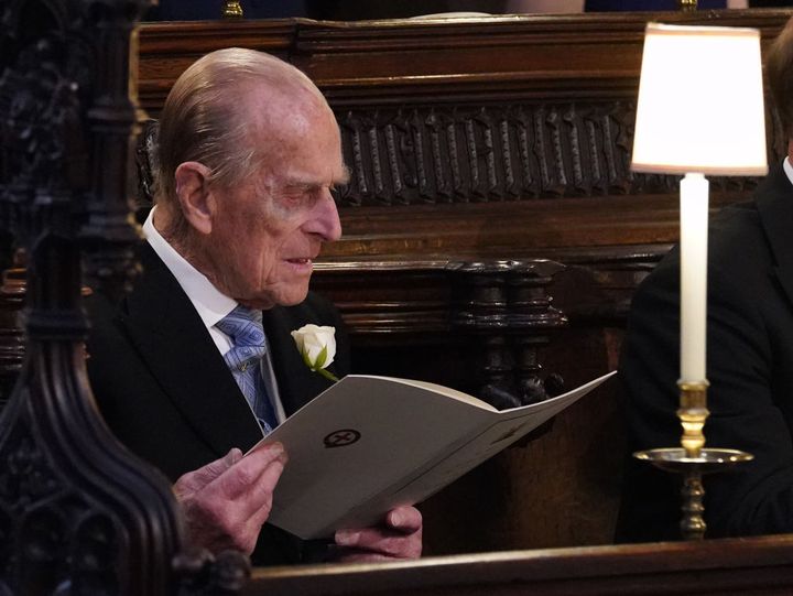 Prince Philip at George's Chapel at Windsor Castle for the royal wedding of Prince Harry and Meghan Markle, 2018