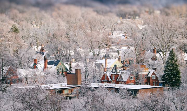An aerial view of houses in Toronto, using a tilt-shift lens.