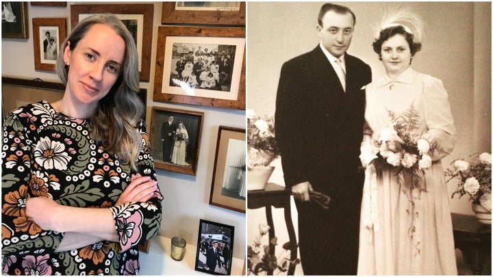 Charlotte Sibtain (left) and the first vintage wedding photo in her 400+ collection. 