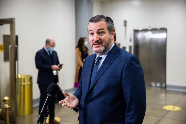 Senator Ted Cruz speaks to reporters on Capitol Hill in Washington on Feb. 13, 2021, on the fifth day...