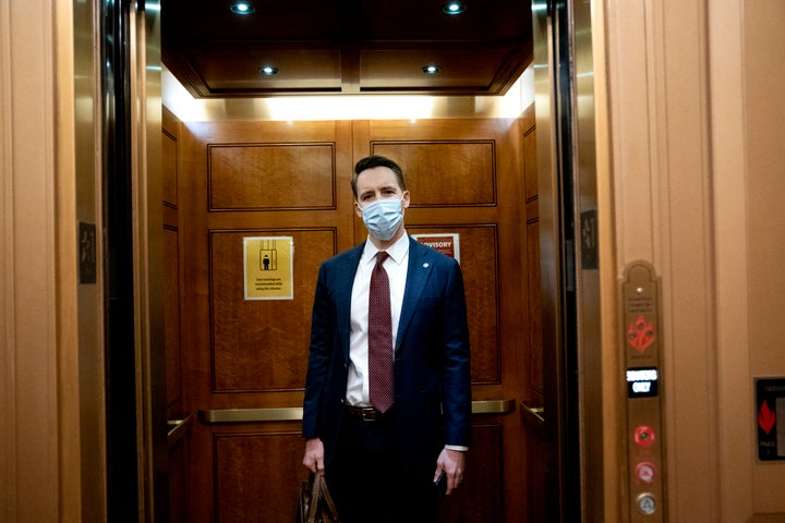 Sen. Josh Hawley (R-Mo.) arrives on the fifth day of Trump's second impeachment trial.