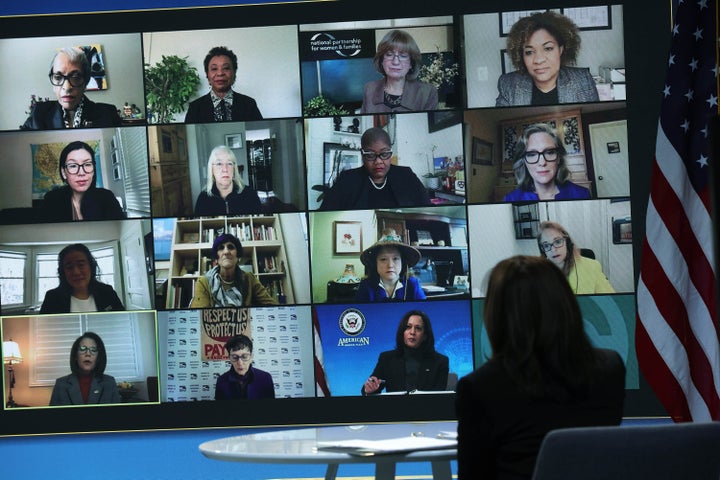 Vice President Kamala Harris listens during a virtual roundtable discussion with female leaders on Feb. 18, 2021, to discuss “the critical importance of passing the American Rescue Plan – particularly for women.”