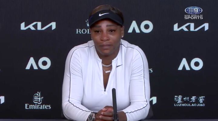 Serena Williams walks out of her Australian Open press conference on Thursday.
