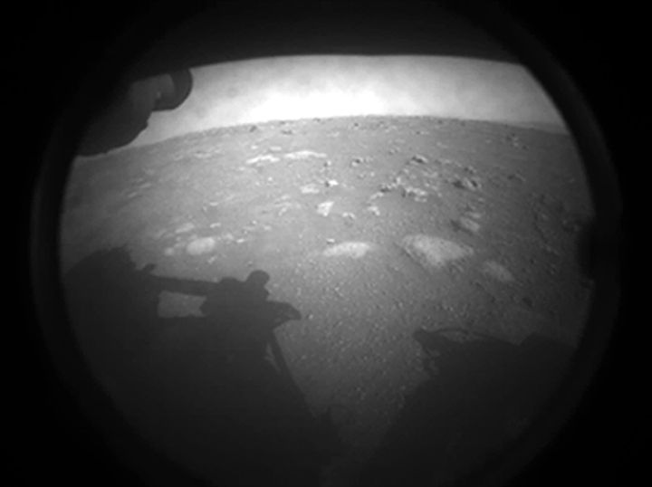 Photo of the first image NASA's Perseverance rover sent back after touching down on Mars on Thursday.