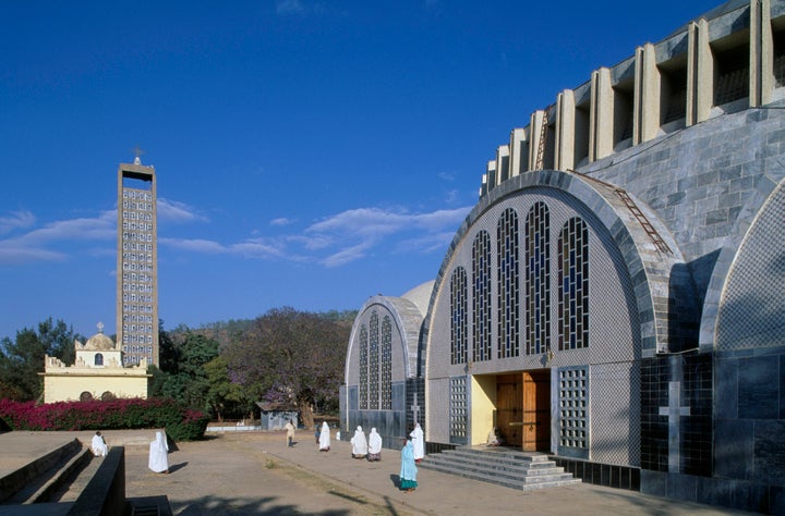 The new Church of Our Lady Mary of Zion (20th century) with the bell tower in the shape of an Axumite stele, Axum, Ethiopia.&
