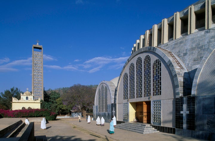 The new Church of Our Lady Mary of Zion (20th century) with the bell tower in the shape of an Axumite stele, Axum, Ethiopia. 