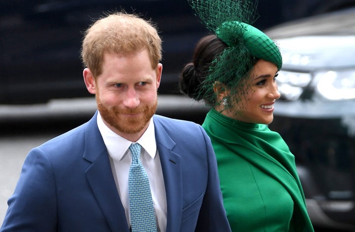 Prince Harry and Meghan Markle arrive for the annual Commonwealth Service at Westminster Abbey in London on March 9, 2020.