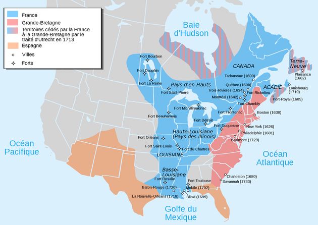 Carte de la Nouvelle-France (en bleu) vers