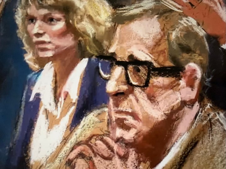 Dibujo de los protagonistas durante el juicio por la custodia de los hijos de Allen y Farrow.