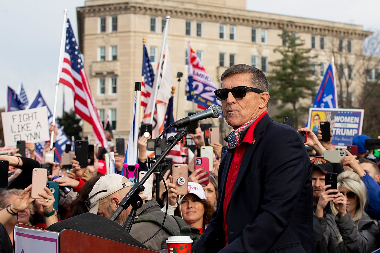 Michael Flynn speaks to a crowd of Trump supporters during a protest against the outcome of the presidential election outside the Supreme Court on Dec. 12, 2020.
