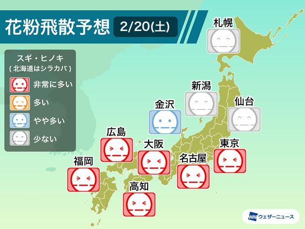 花粉予測 2月日 東京や大阪など広範囲で大量飛散の恐れ 気温上昇と強風をうけ ハフポスト