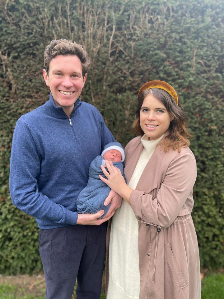 Undated handout photo issued by Buckingham Palace of Princess Eugenie and Jack Brooksbank with their son August Philip Hawke Brooksbank.