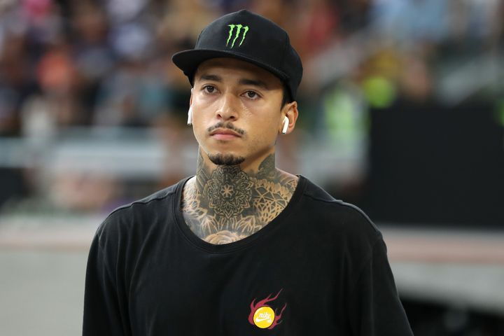 In this file photo, Nyjah Huston looks on while competing in the Men's Skateboard Street at the X Games in Minneapolis on August 03, 2019. (Photo by Sean M. Haffey/Getty Images)