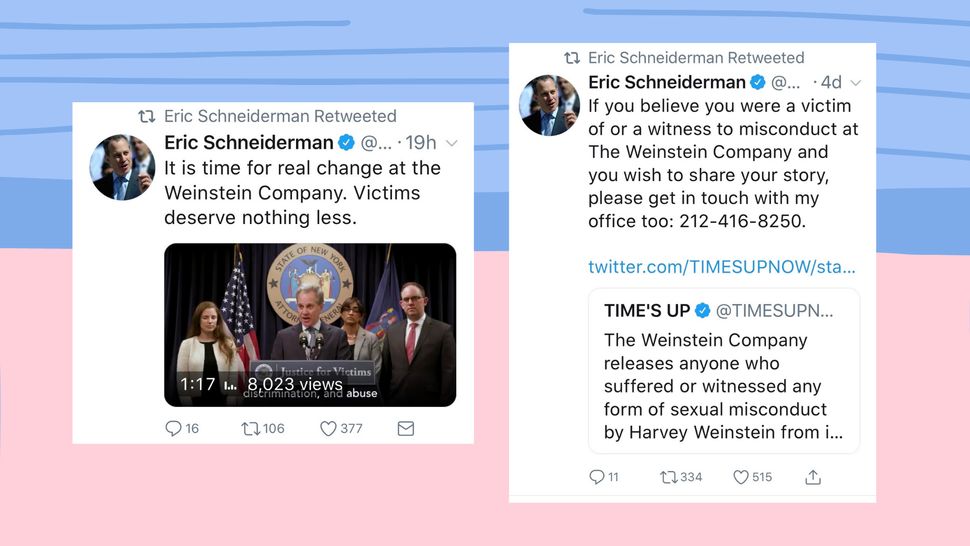Two of Schneiderman's tweets expressing support for the Me Too and Time's Up movements.