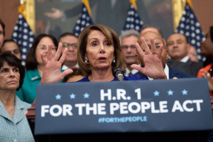Speaker of the House Nancy Pelosi (Calif.) speaks alongside Democratic members of the House about H.R.1, the For the People Act, at the U.S. Capitol in Washington, D.C, on Jan. 4, 2019.
