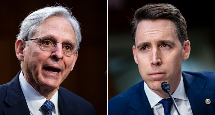 Left: Attorney General nominee Merrick Garland speaks during his confirmation hearing before the Senate Judiciary Committee on Feb. 22. Right: Sen. Josh Hawley (R-Mo.) pauses while speaking during Garland's confirmation hearing.