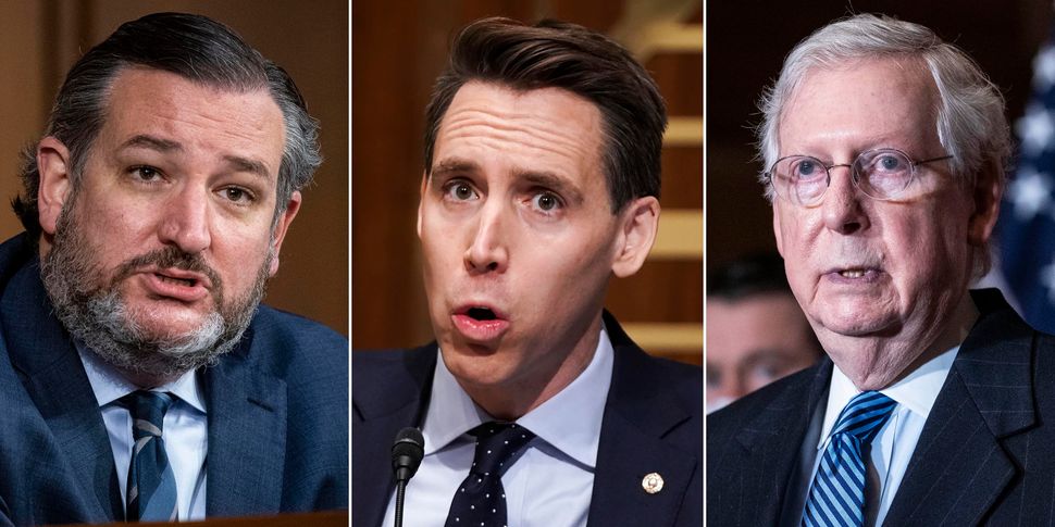 Left to right: Republican Sens. Ted Cruz, Josh Hawley and Mitch McConnell. Most Republicans in Congress&nbsp;were more worrie