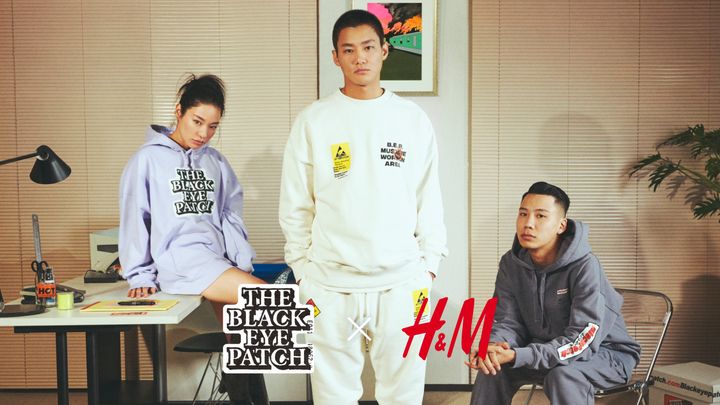 BlackEyePatch x H&M のコラボレーションキャンペーンイメージ。左からAwichさん、野村周平さん、WILYWNKAさん