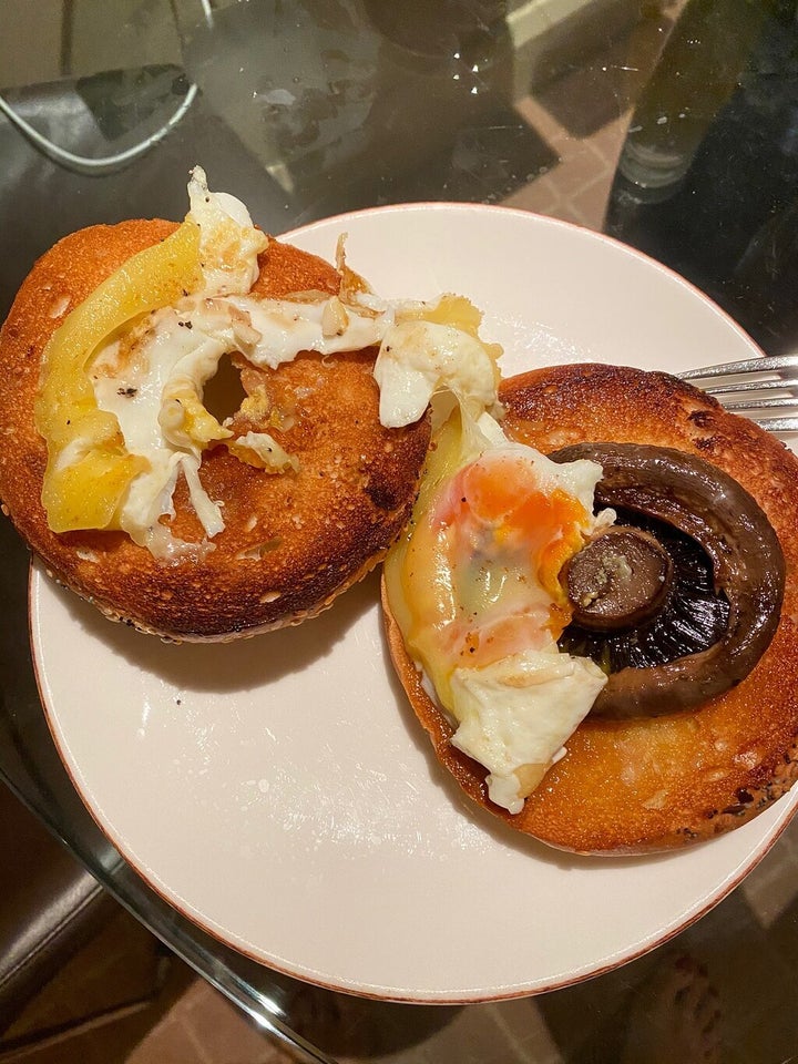 A "field mushroom bagel with fried egg and cheese" from the Radisson