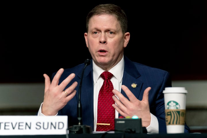 Former U.S. Capitol Police Chief Steven Sund testifies before a Senate Homeland Security and Governmental Affairs & Senate Rules and Administration joint hearing on Capitol Hill, Washington, Tuesday, Feb. 23, 2021, to examine the January 6th attack on the Capitol. (AP Photo/Andrew Harnik, Pool)