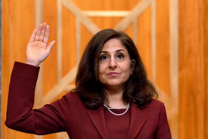 Neera Tanden, nominee for director of the Office of Management and Budget, is sworn in before she testifies Feb. 10 before a Senate committee.