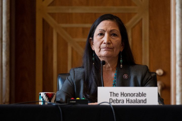 Rep. Deb Haaland (D-N.M.) speaks Tuesday during the Senate Committee on Energy and Natural Resources hearing on her nomination to run the Interior Department.