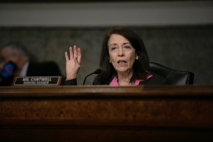 Sen. Maria Cantwell (D-Wash.) speaks at a hearing in June. She defended Haaland this week after Republicans tried to paint the nominee as a "radical."