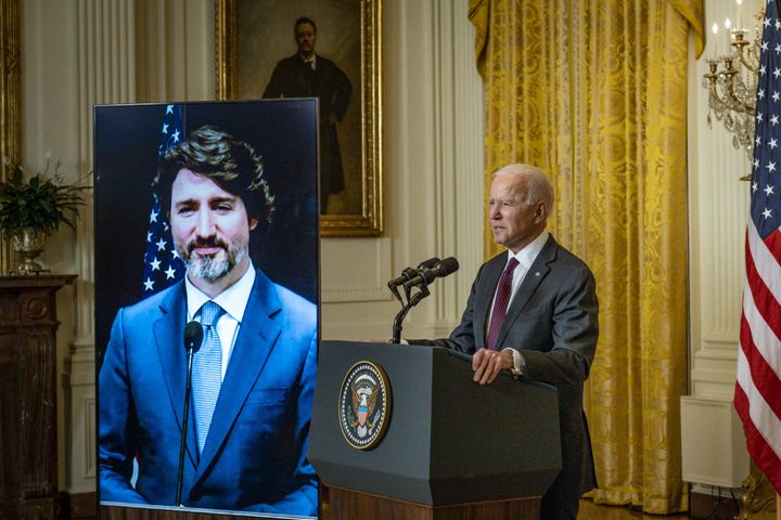 President Joe Biden and Prime Minister Justin Trudeau (virtually) make statements in the East Room of the White House about their virtual bilateral meeting in Washington, D.C., on Feb. 23, 2021.