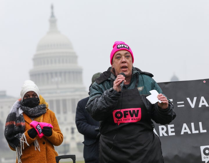 Service industry worker Aunt Carrie speaks Jan. 26 in support of the Raise the Wage Act, which includes a $15 minimum wage for tipped workers and is also included in President Biden's American Rescue Plan.