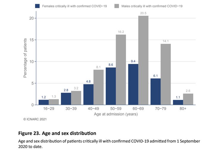 The age and sex of Covid ICU patients as of February 19. Graphic supplied by ICNARC