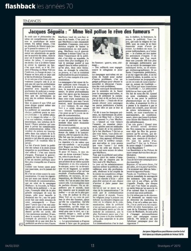 La tribune de Jacques Ségéla de 1979 réagissant à la loi Veil qui limitait la publicité sur le tabac. (Extrait du magazine Stratégies).