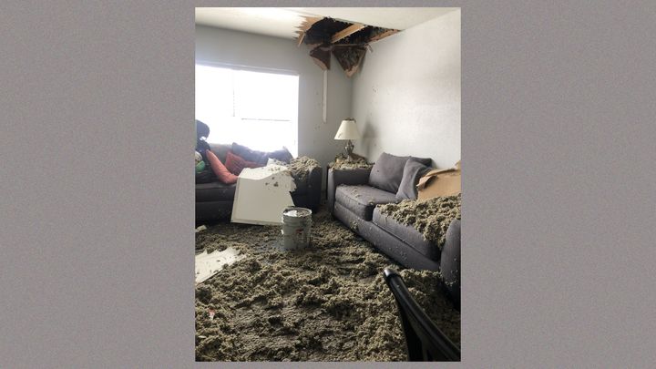 Damage inside the Family Place, the largest domestic violence shelter in Dallas.