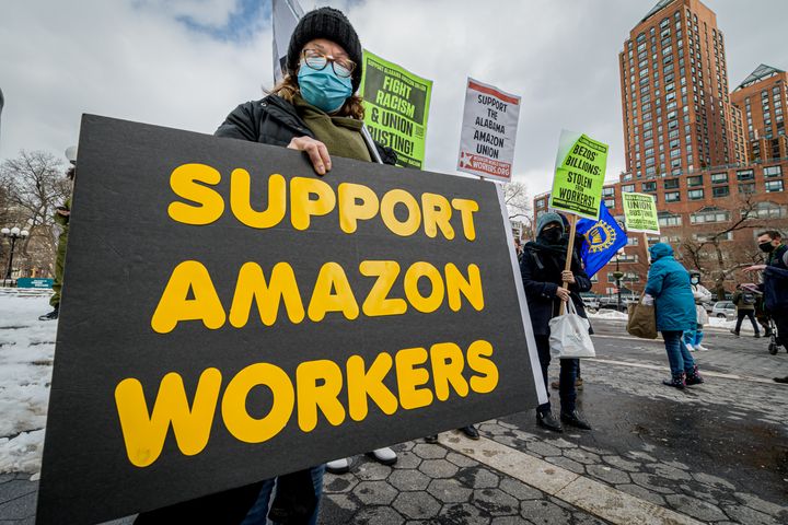 Members of the Workers Assembly Against Racism gathered across from an Amazon-owned Whole Foods Market in Manhattan for a nationwide solidarity event with the unionizing Amazon workers in Bessemer, Alabama.