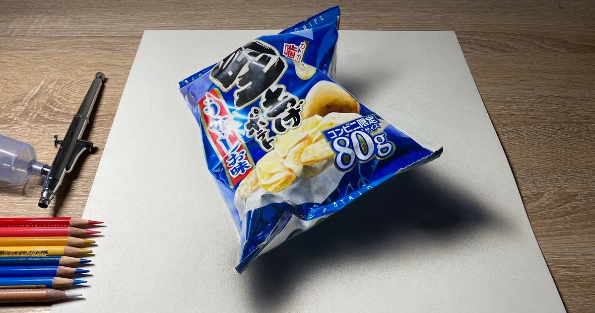 堅あげポテト」の色鉛筆アートが、本物にしか見えない。どうやって描い 堅あげポテト」の色鉛筆アートが、本物にしか見えない。どうやって描い