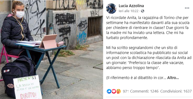 "Fatti curare": insulti social da utenti e prof contro Anita, 12enne delle proteste anti Dad "Fatti curare": insulti social da utenti e prof contro Anita, 12enne delle proteste anti Dad