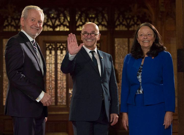 Sen. Pierrette Ringuette with Sen. Rene Cormier, centre, and Sen. Peter Harder before being sworn in on Nov. 15, 2016 in Ottawa.