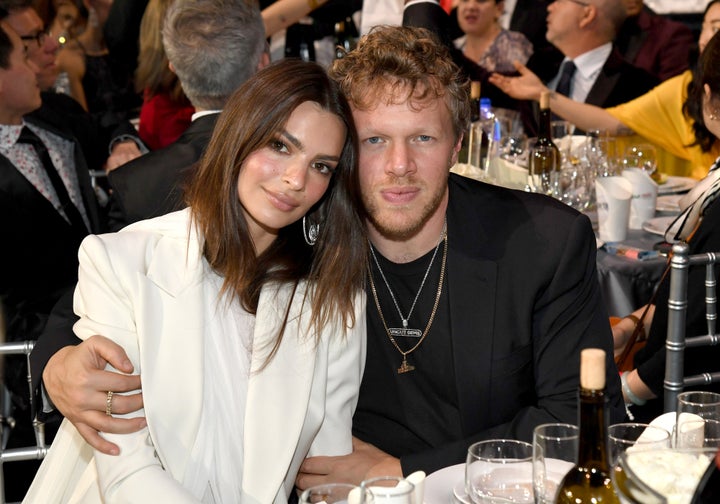 Emily Ratajkowski and Sebastian Bear-McClard attend the 25th Annual Critics' Choice Awards at Barker Hangar on January 12, 2020 in Santa Monica, California.