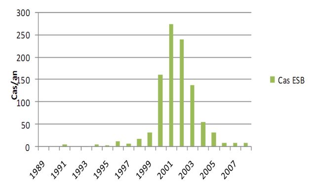 Évolution du nombre de cas d'encéphalite spongiforme bovine en