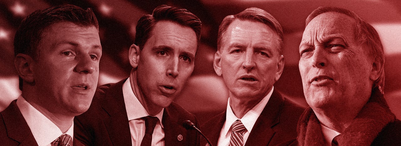 Four speakers slated to speak at this year's Conservative Political Action Conference in Orlando, Florida. From left to right: James O'Keefe, founder of Project Veritas; Sen. Josh Hawley (R-Mo.); Rep. Paul Gosar (R-Ariz.); and Rep. Andy Biggs (R-Ariz.).