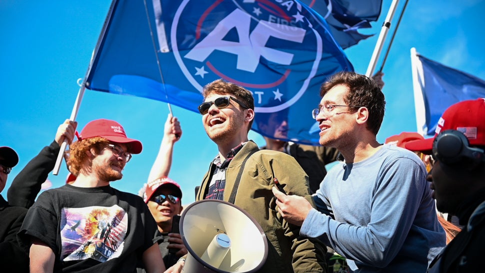 White nationalist Nick Fuentes, center, is holding an alternative conference to CPAC in Orlando this year.&nbsp;