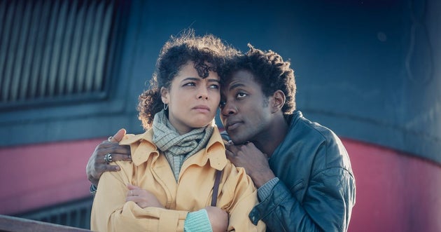 Lydia West and Omari Douglas on the set of It's A Sin