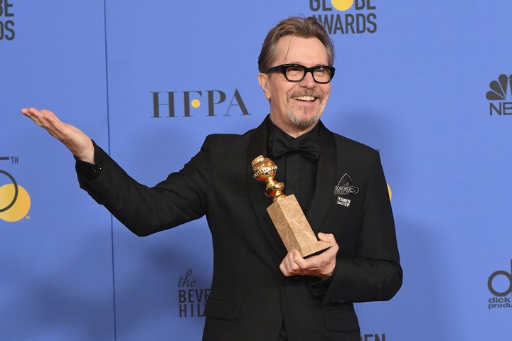 Gary Oldman posing with his Golden Globe for Best Actor in "Darkest Hour" in 2018. Four years previously, he had said the HFPA were “90 nobodies having a wank."
